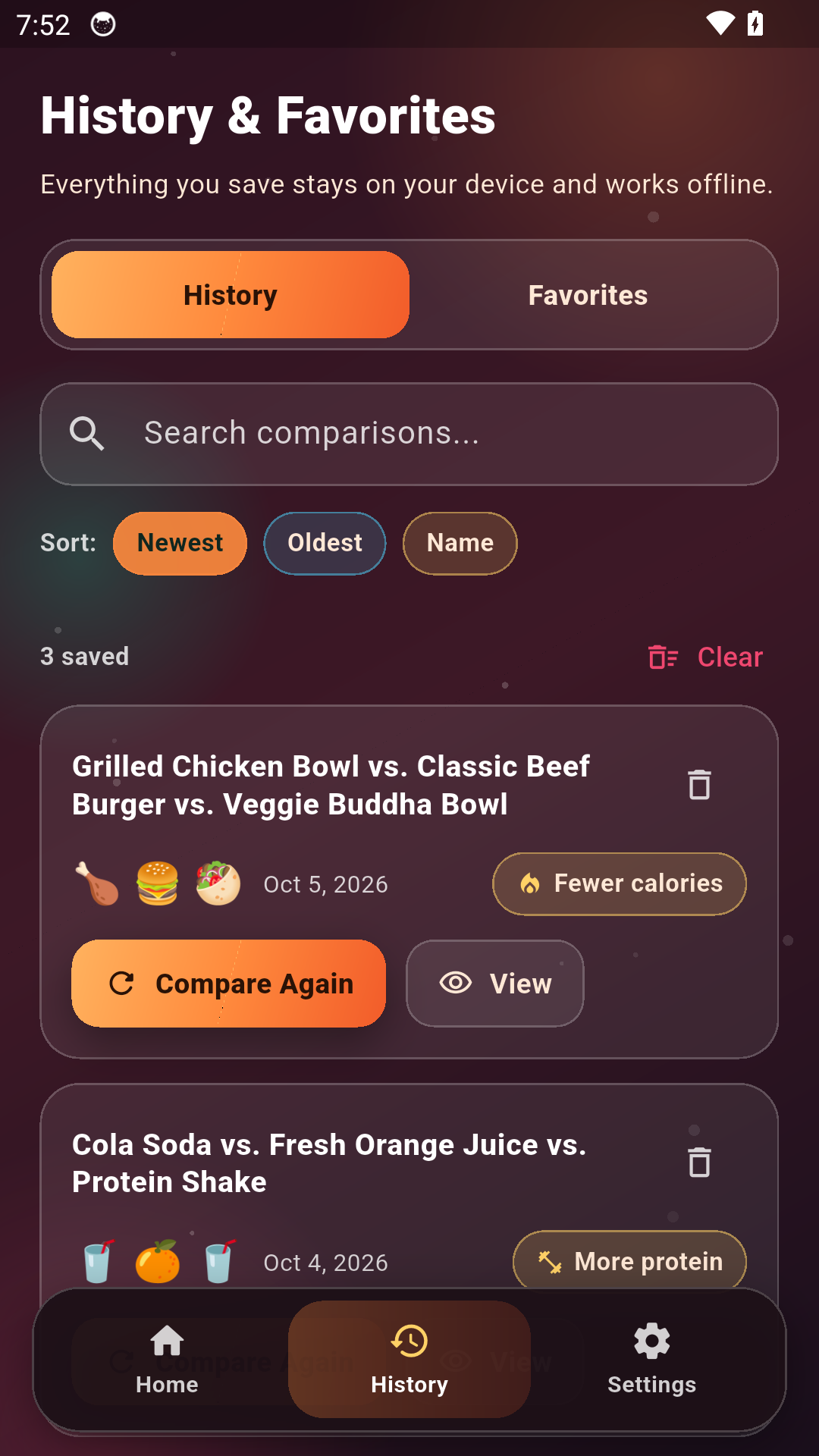 Foodie Compare history screen